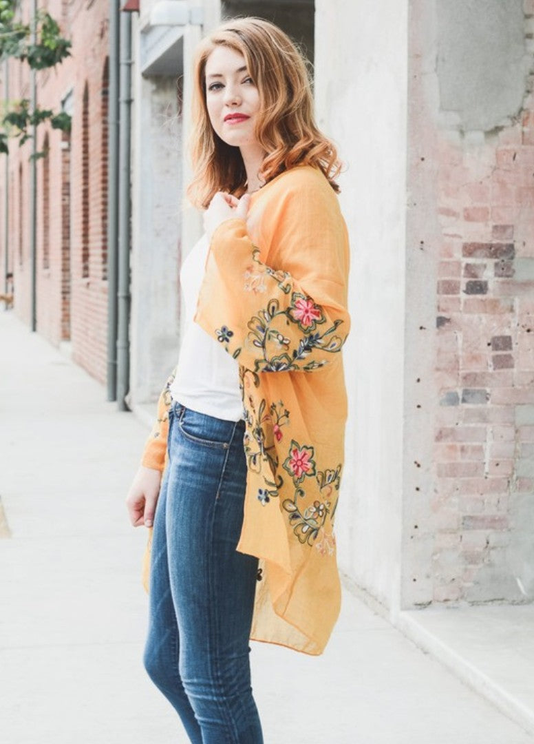 Beautiful Long Mustard Floral Kimono