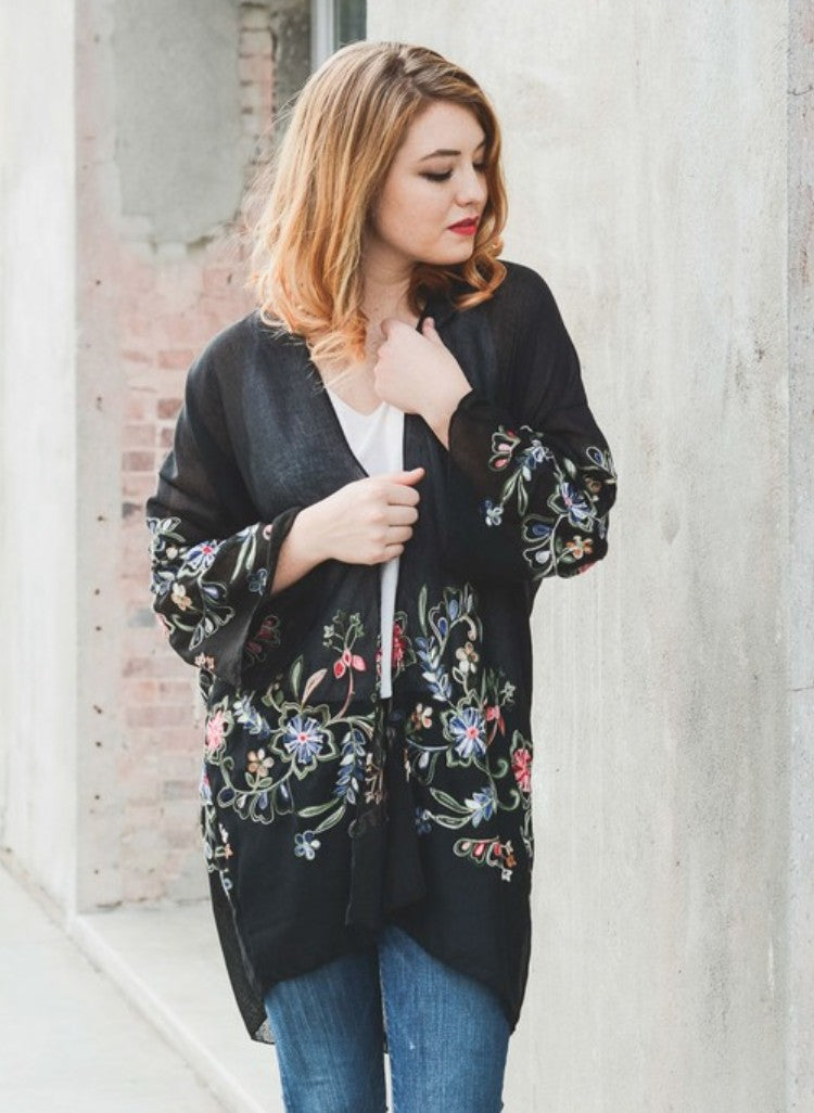 Beautiful Long Black Floral Kimono